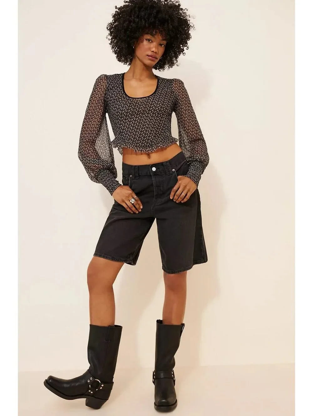 FREE PEOPLE Dottie Printed Long Sleeve Knit sheer Crop Top